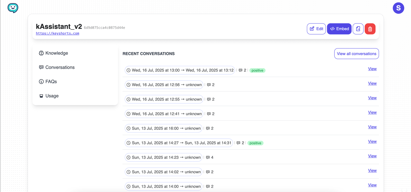 OsomChat's AI agents dashboard