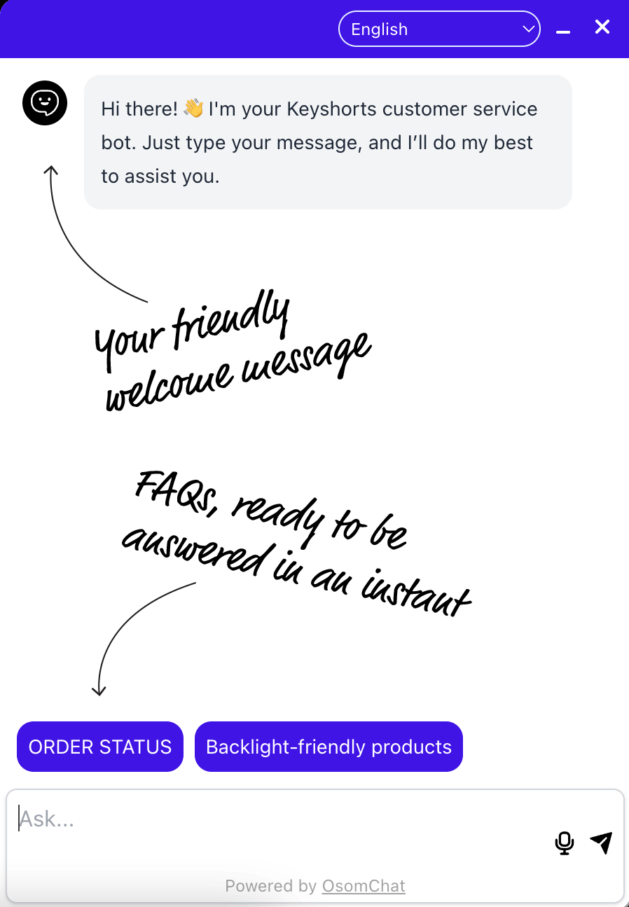 OsomChat features: Answer customer questions with chat bot and FAQ buttons